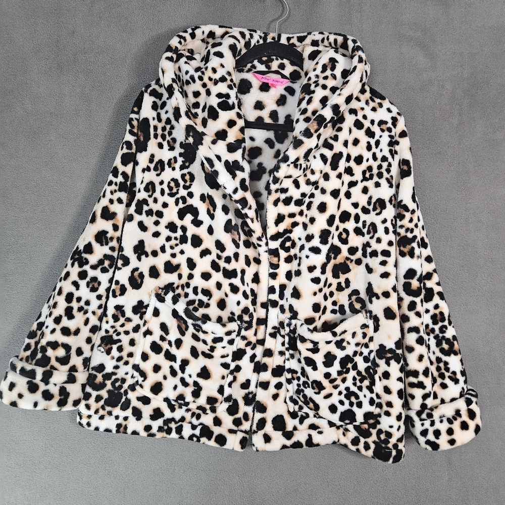Betsey Johnson Womens XS / S Chunky Teddie Bear Fleece Cheetah Hooded Open Front
